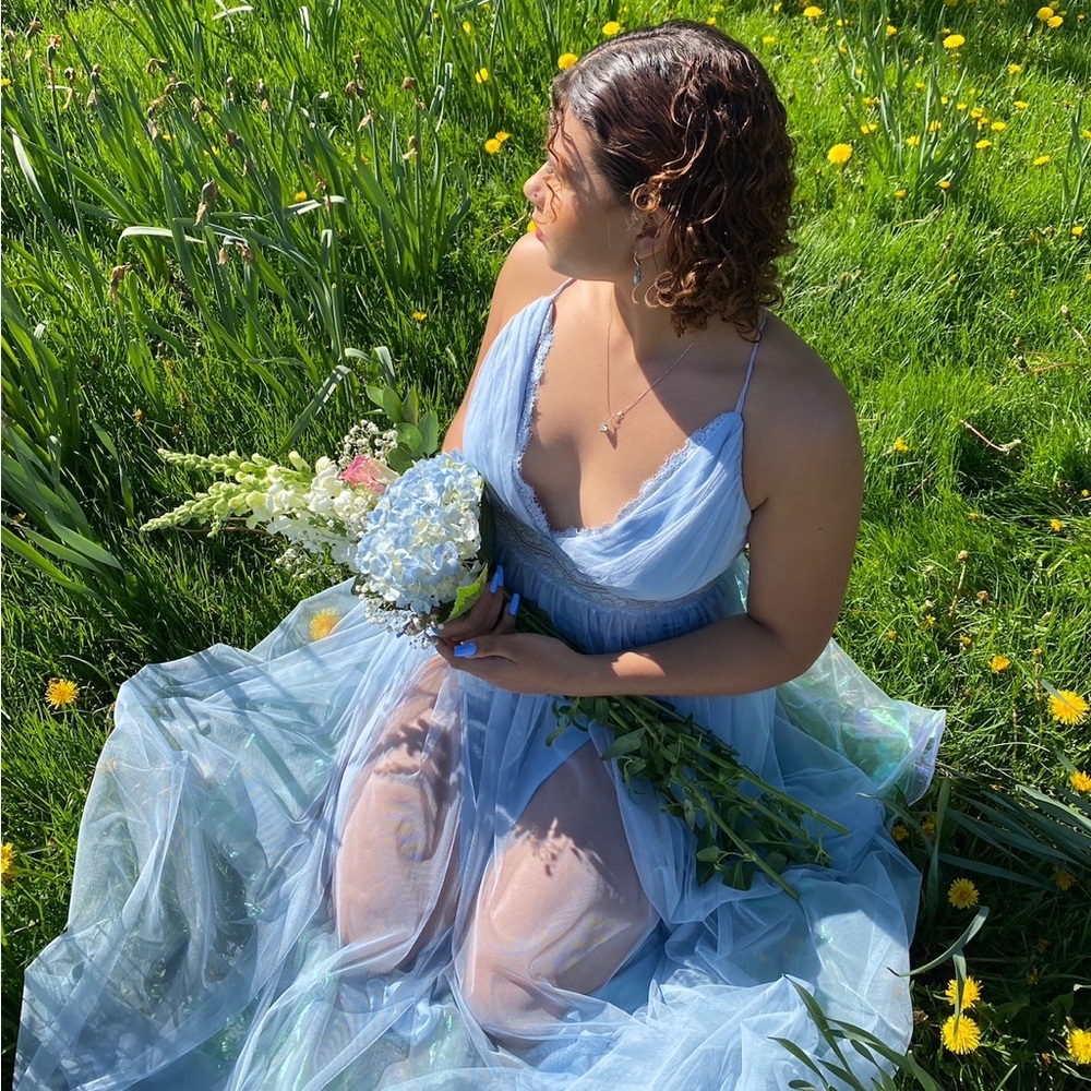 Light blue lace prom dress
